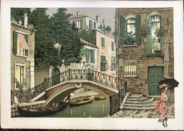 PONTE BARNABA, VENICE - RARE BEAUTIFUL XL FRENCH LITHOGRAPH - DENIS PAUL NOYER